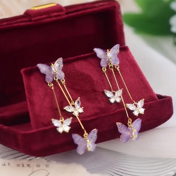 None Jewelry - New Purple Crystal Butterfly Drop Earrings